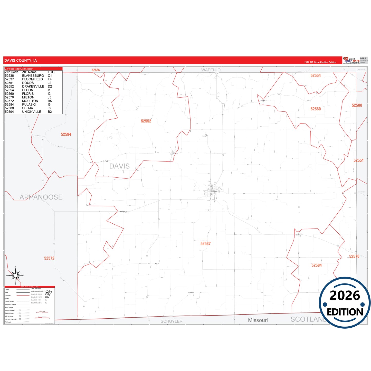 Davis County, IA Red Line 5 Digit ZIP Code Wall Map