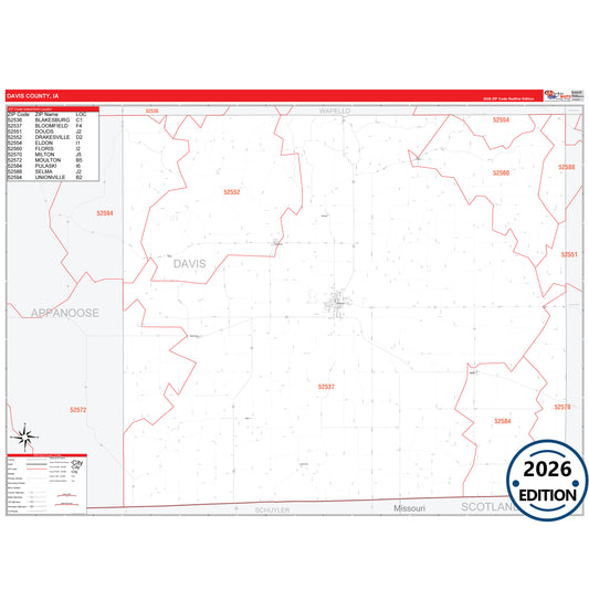 Davis County, IA Red Line 5 Digit ZIP Code Wall Map
