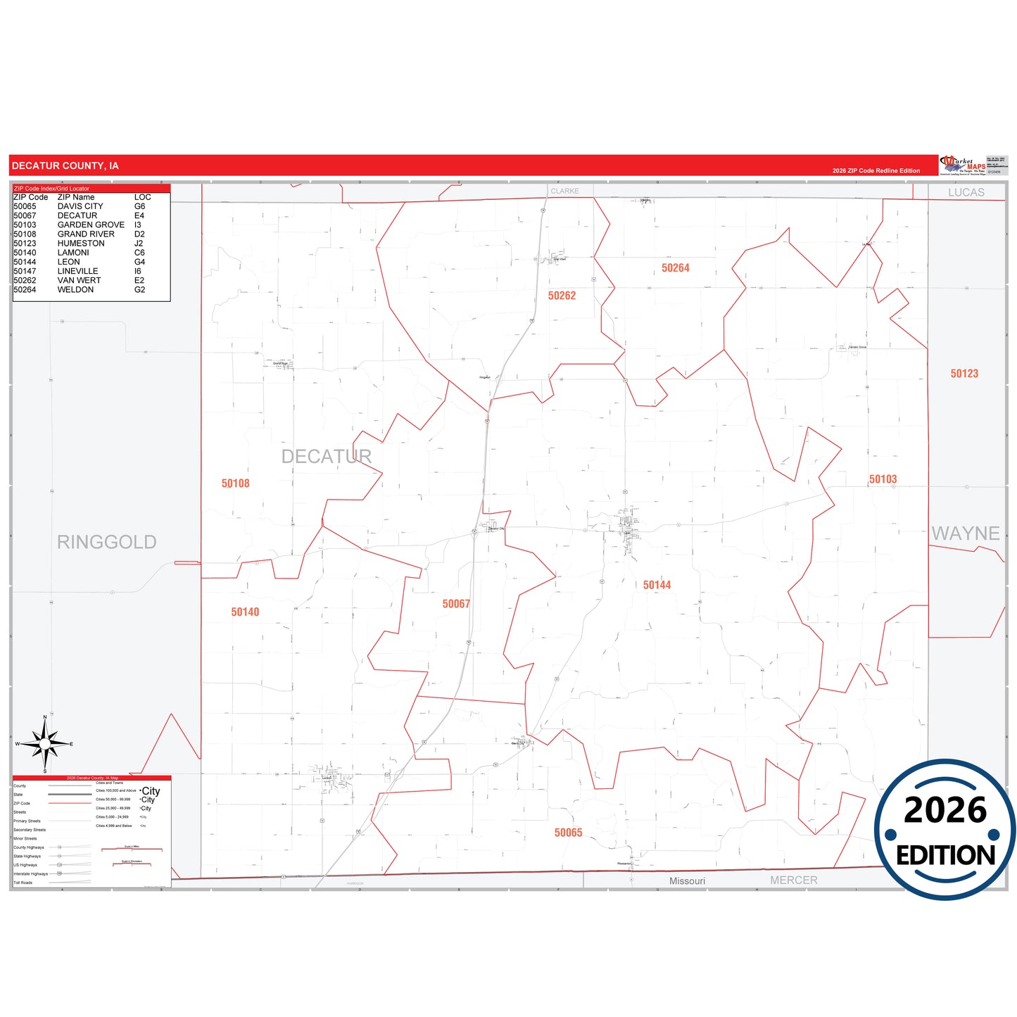 Decatur County, IA Red Line 5 Digit ZIP Code Wall Map