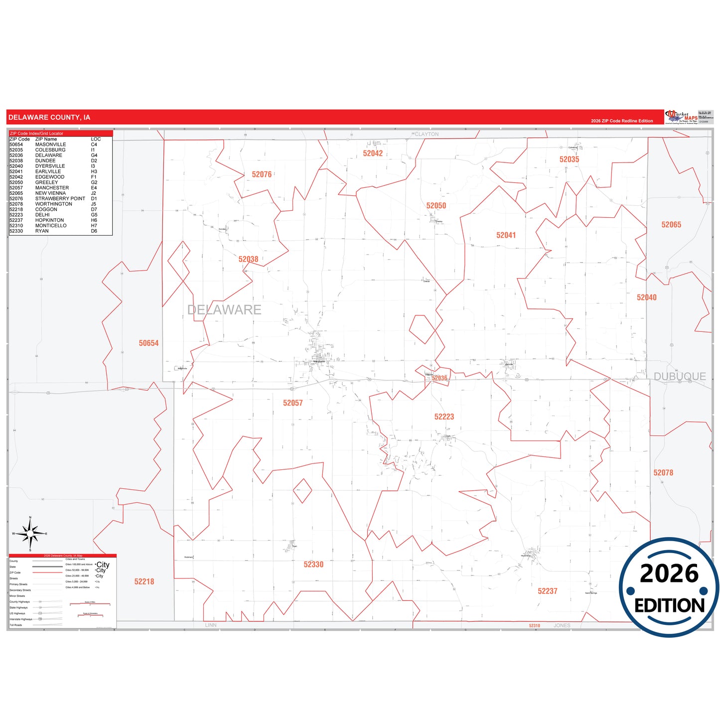 Delaware County, IA Red Line 5 Digit ZIP Code Wall Map