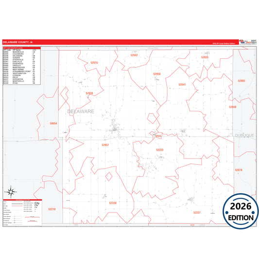 Delaware County, IA Red Line 5 Digit ZIP Code Wall Map