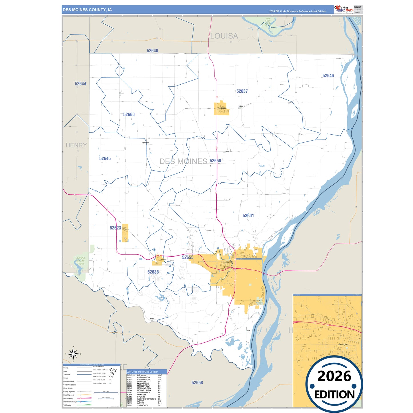 Des Moines County, IA Business Reference 5 Digit ZIP Code Wall Map