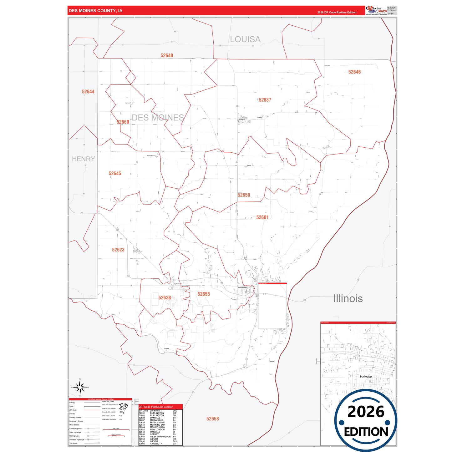 Des Moines County, IA Red Line 5 Digit ZIP Code Wall Map
