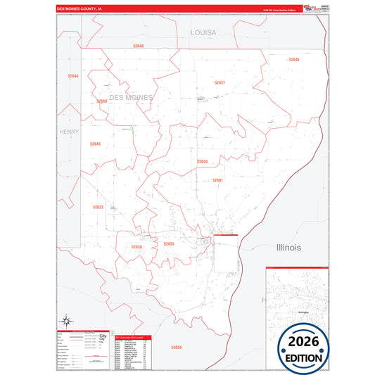Des Moines County, IA Red Line 5 Digit ZIP Code Wall Map