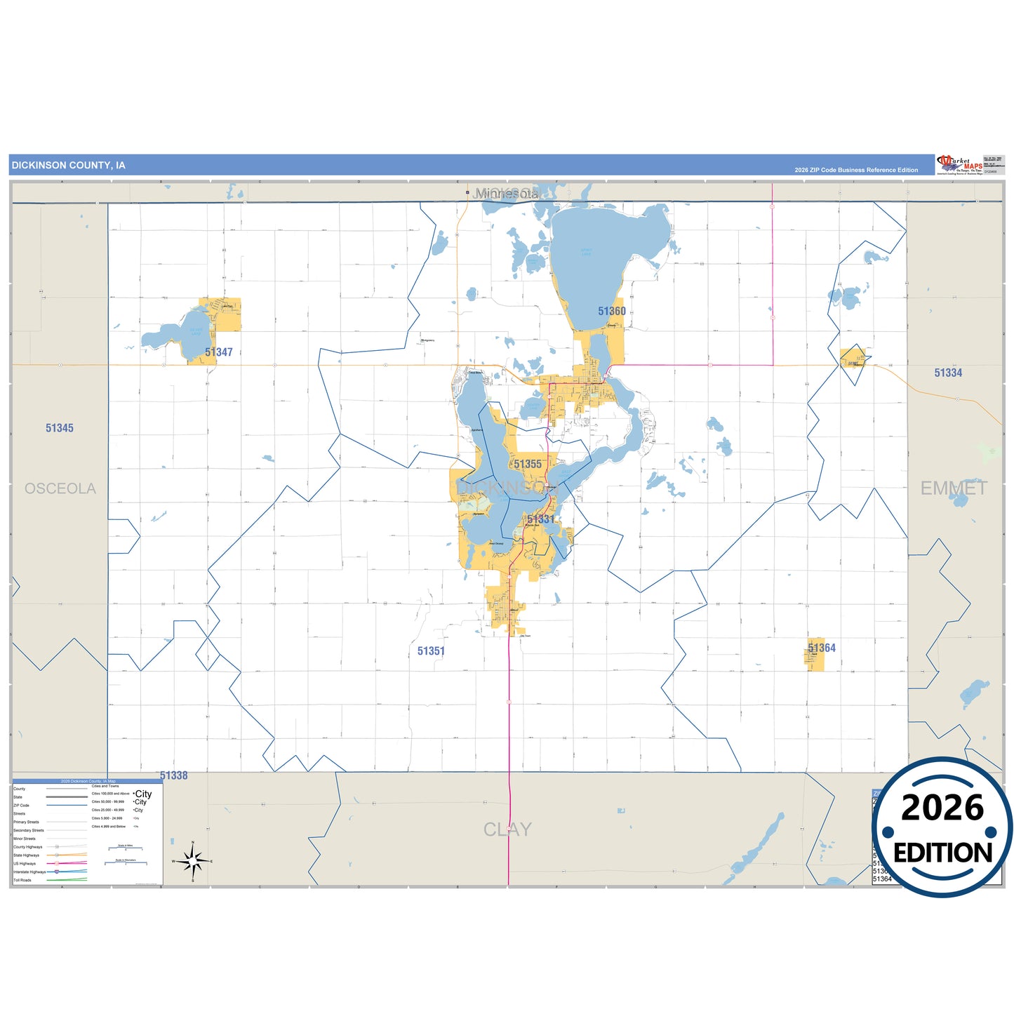 Dickinson County, IA Business Reference 5 Digit ZIP Code Wall Map