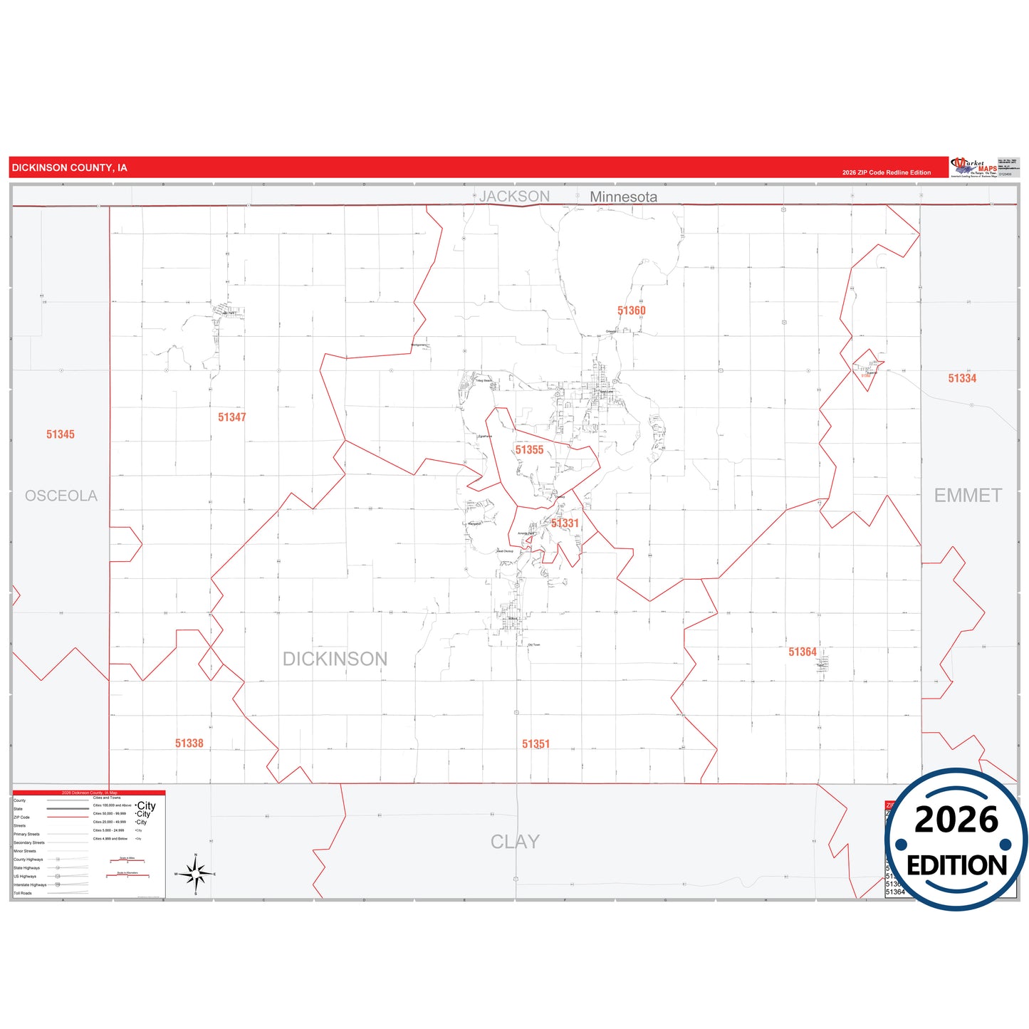 Dickinson County, IA Red Line 5 Digit ZIP Code Wall Map