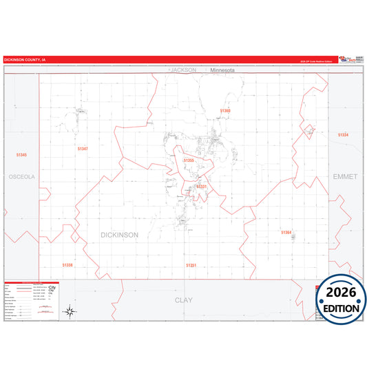 Dickinson County, IA Red Line 5 Digit ZIP Code Wall Map