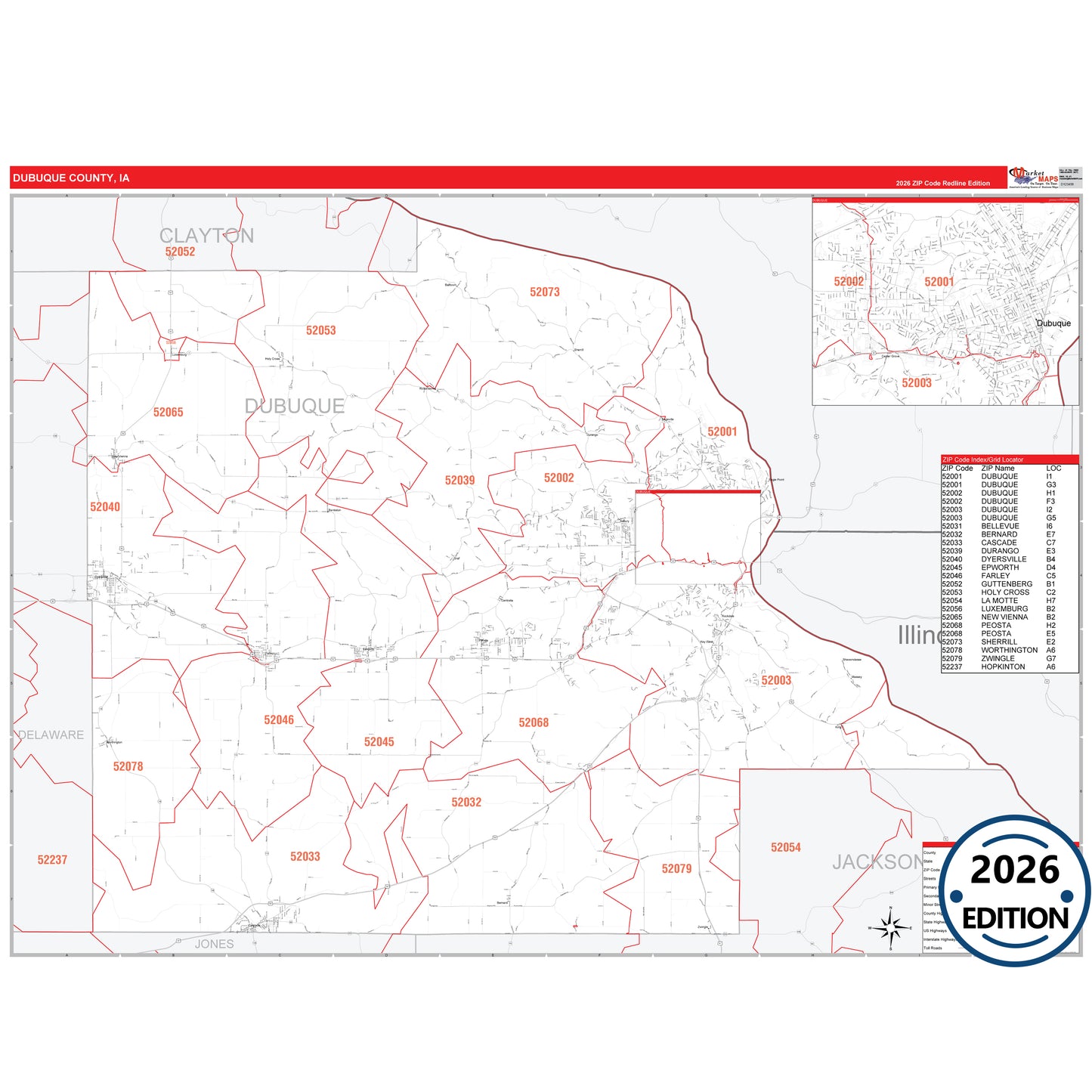 Dubuque County, IA Red Line 5 Digit ZIP Code Wall Map