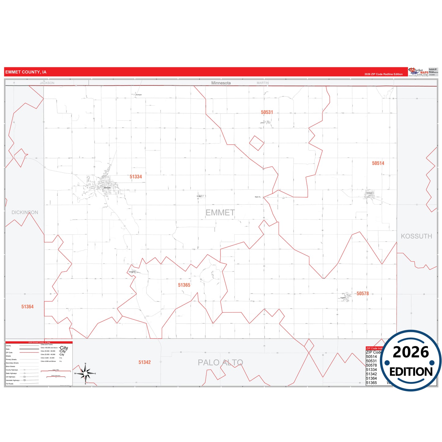 Emmet County, IA Red Line 5 Digit ZIP Code Wall Map
