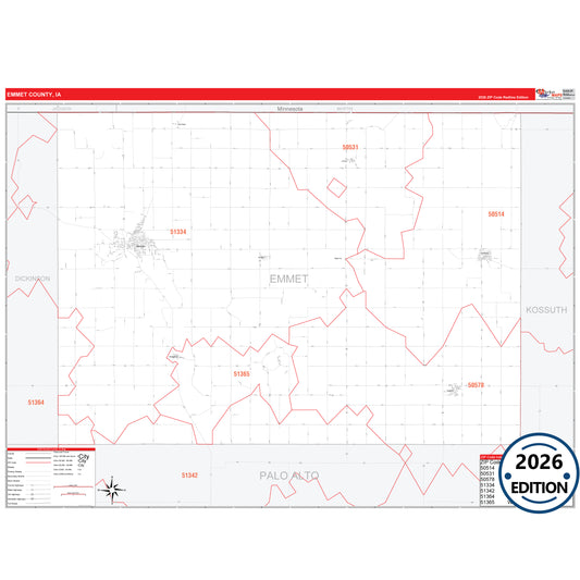 Emmet County, IA Red Line 5 Digit ZIP Code Wall Map
