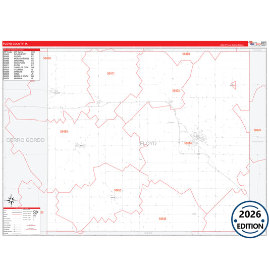 Floyd County, IA Red Line 5 Digit ZIP Code Wall Map