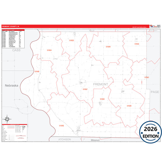 Fremont County, IA Red Line 5 Digit ZIP Code Wall Map