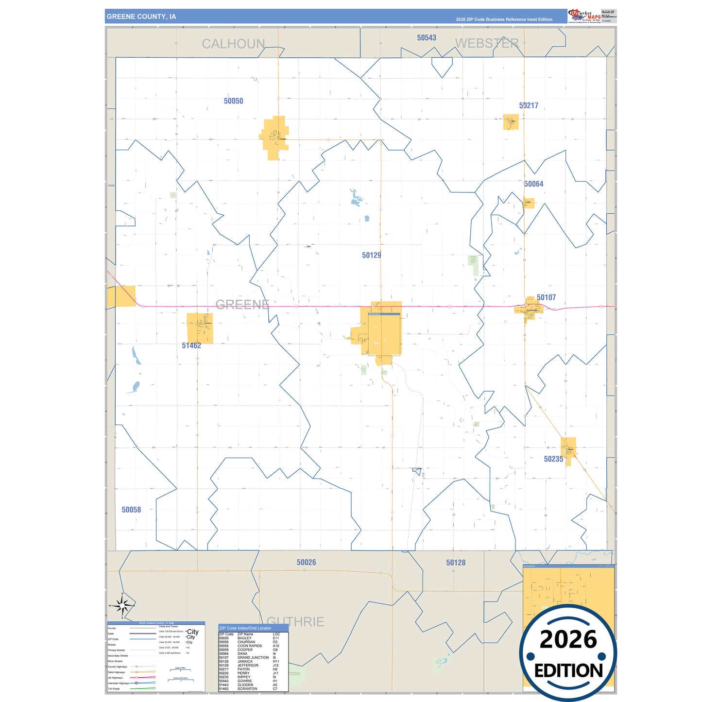 Greene County, IA Business Reference 5 Digit ZIP Code Wall Map