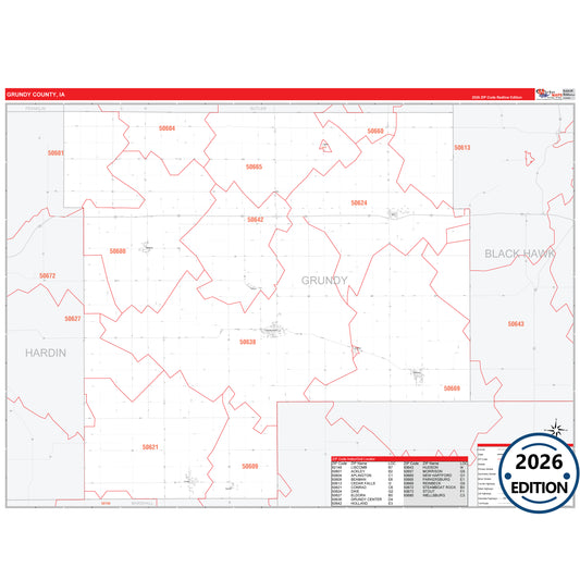Grundy County, IA Red Line 5 Digit ZIP Code Wall Map