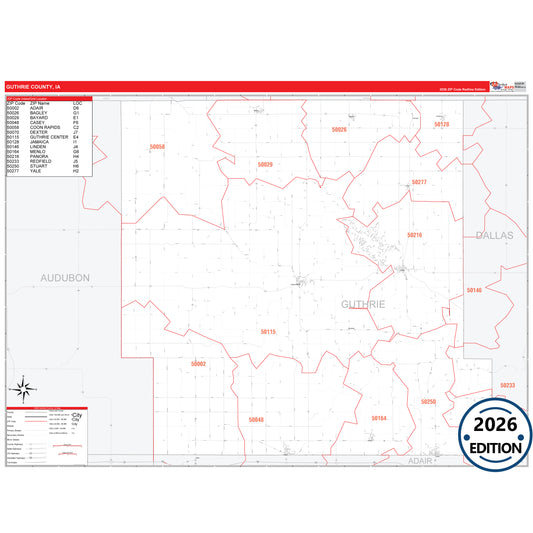 Guthrie County, IA Red Line 5 Digit ZIP Code Wall Map