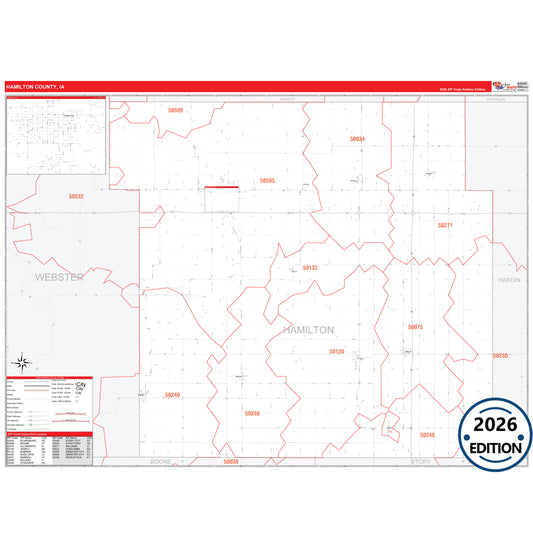 Hamilton County, IA Red Line 5 Digit ZIP Code Wall Map