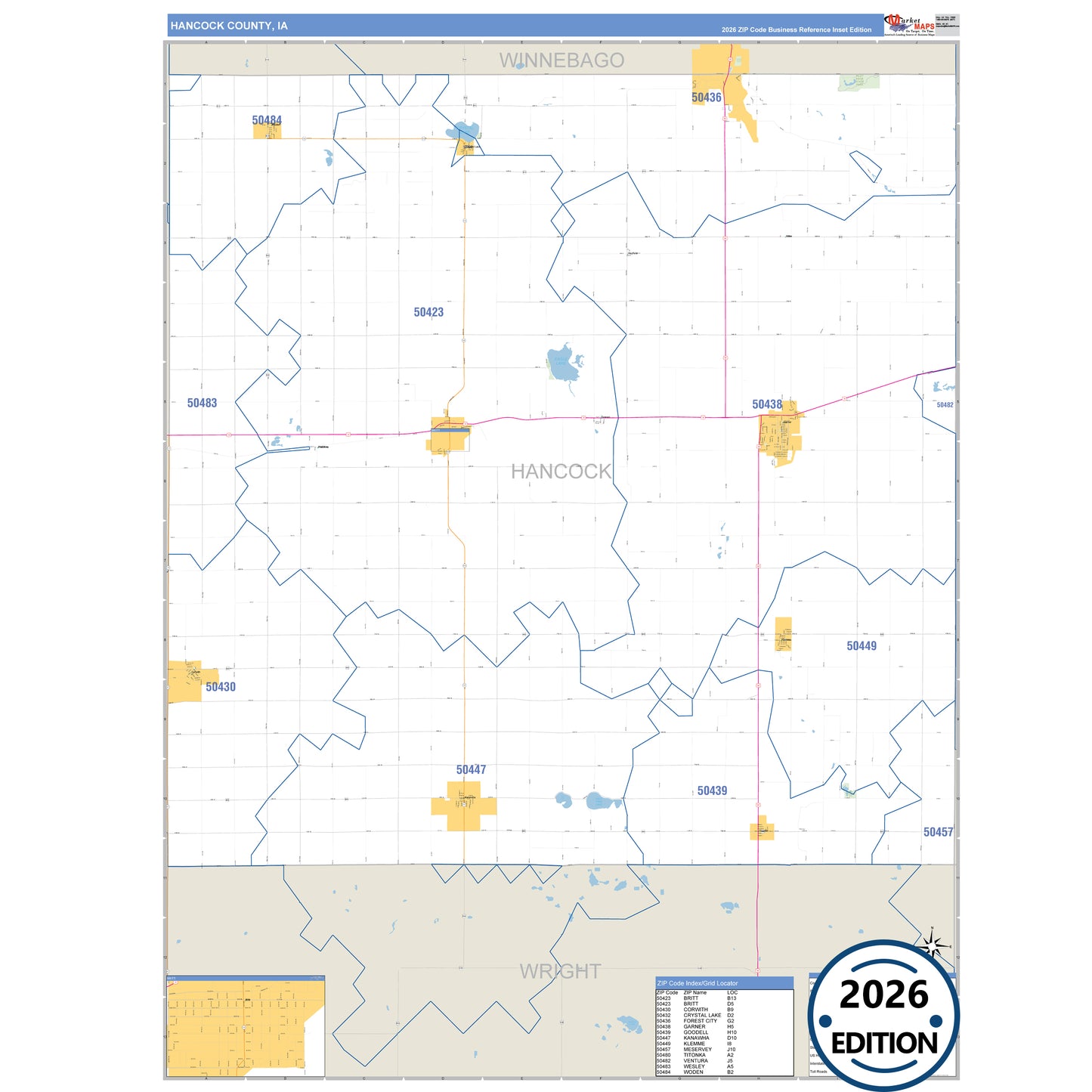 Hancock County, IA Business Reference 5 Digit ZIP Code Wall Map