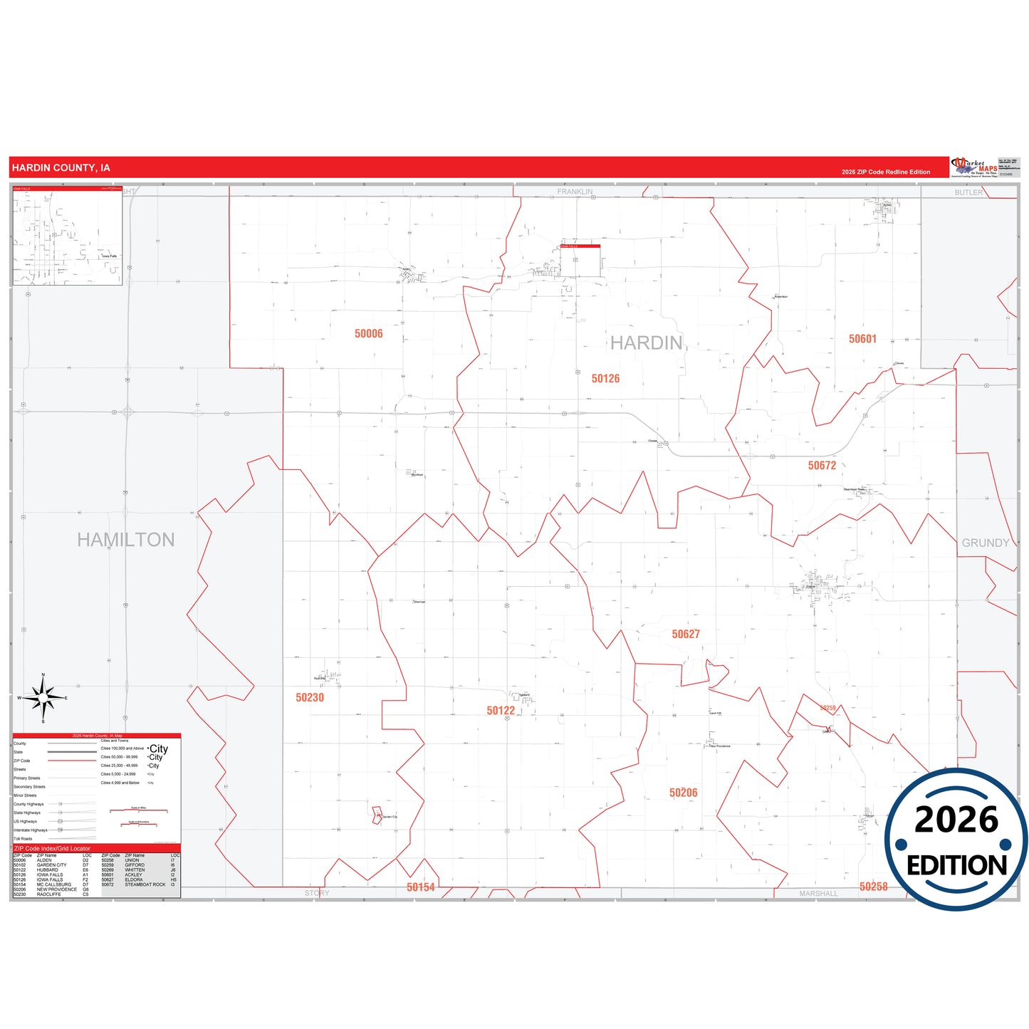 Hardin County, IA Red Line 5 Digit ZIP Code Wall Map
