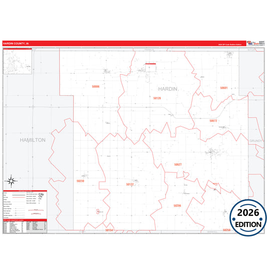Hardin County, IA Red Line 5 Digit ZIP Code Wall Map