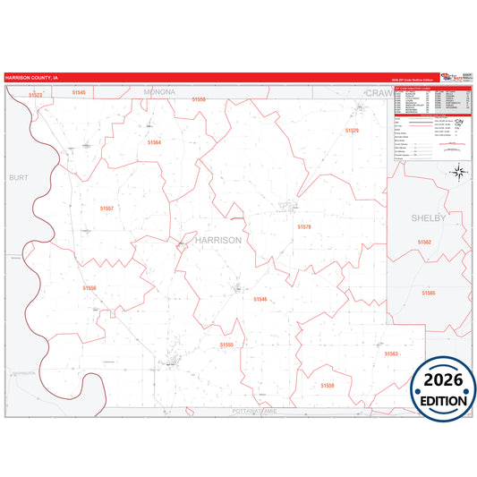 Harrison County, IA Red Line 5 Digit ZIP Code Wall Map
