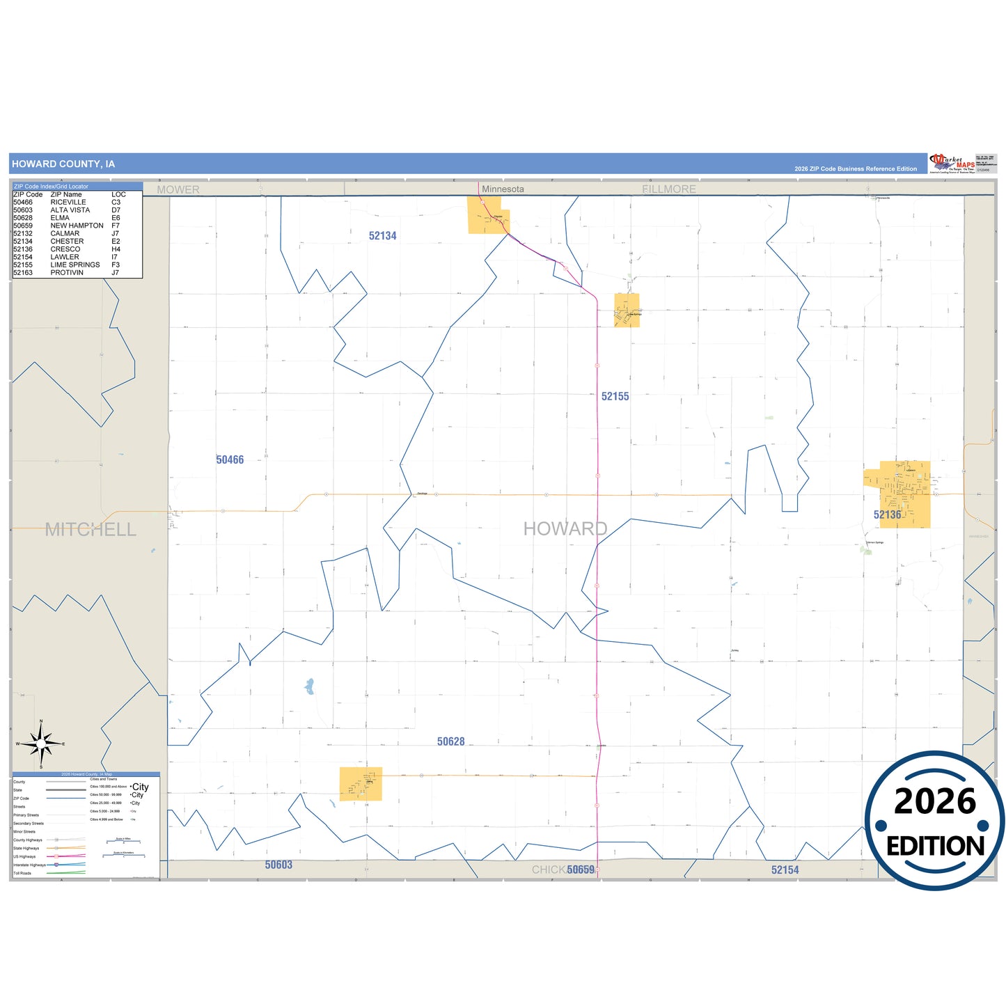 Howard County, IA Business Reference 5 Digit ZIP Code Wall Map
