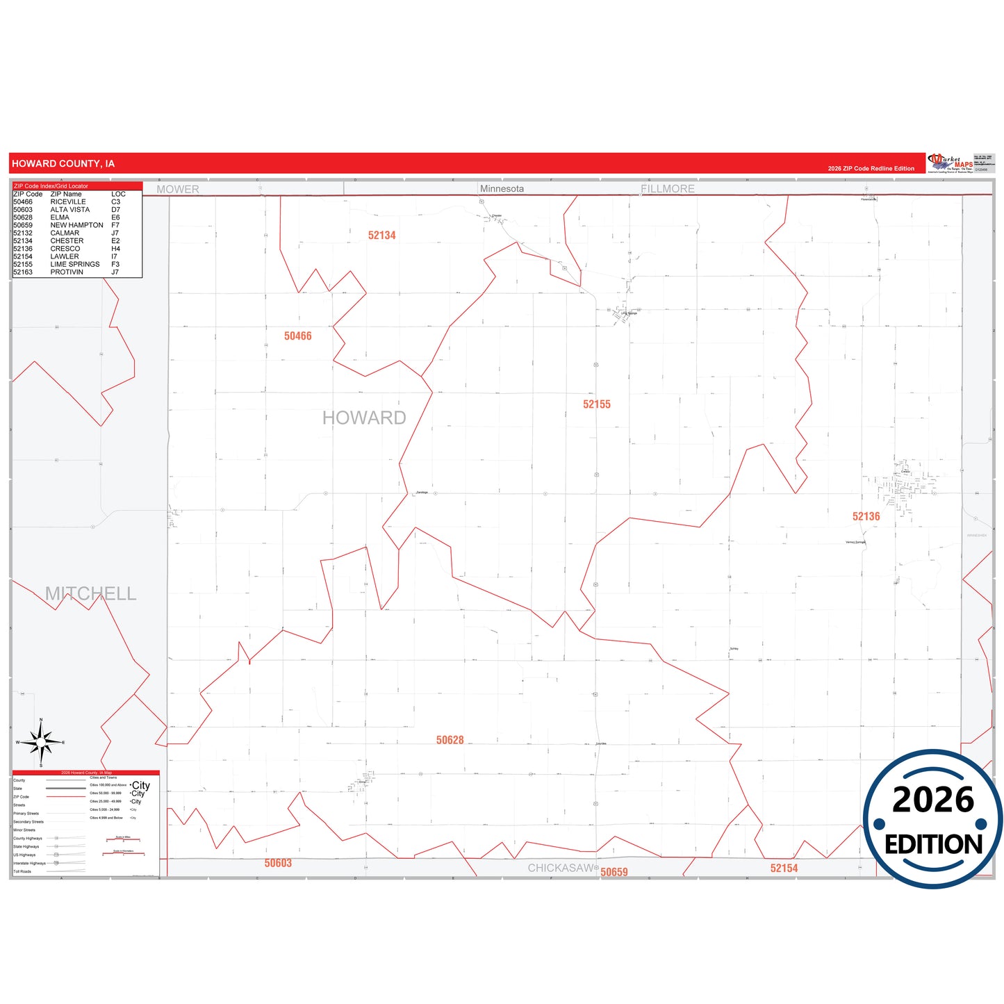 Howard County, IA Red Line 5 Digit ZIP Code Wall Map