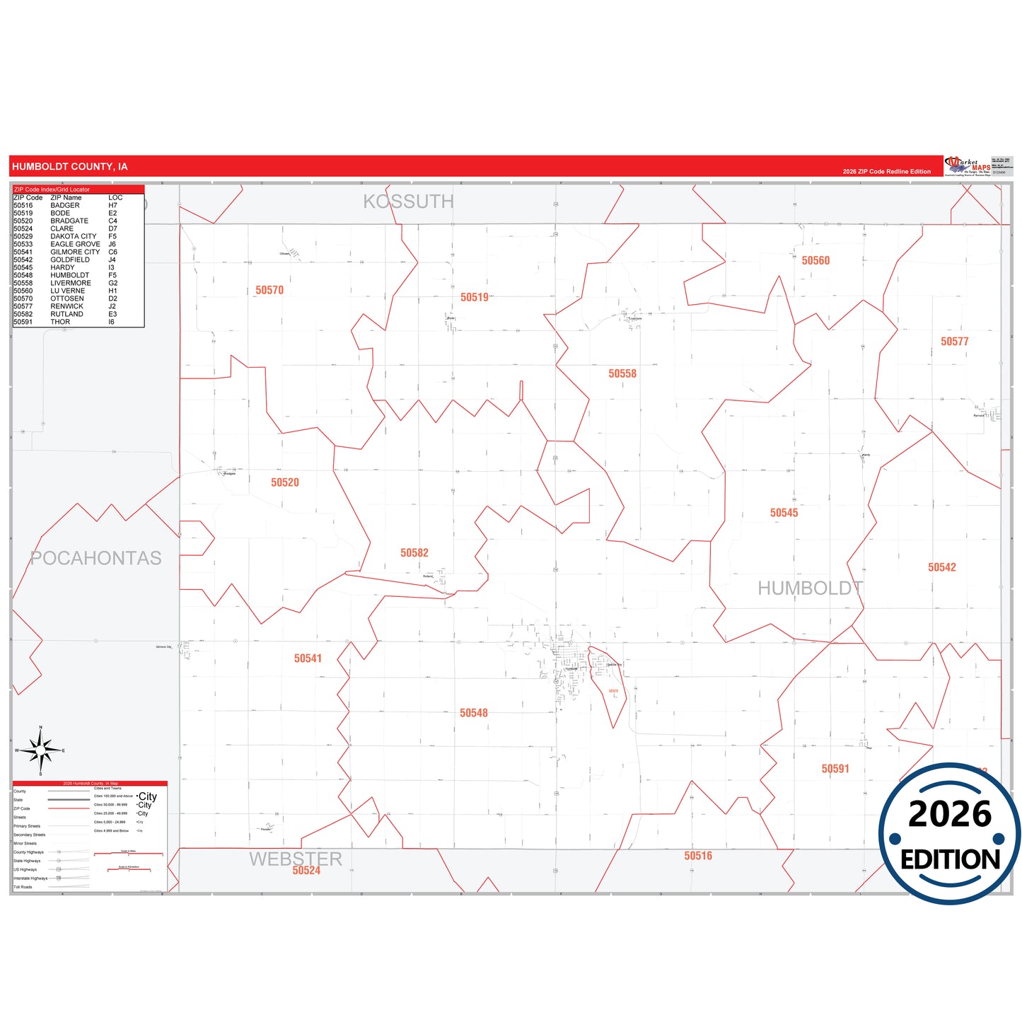 Humboldt County, IA Red Line 5 Digit ZIP Code Wall Map