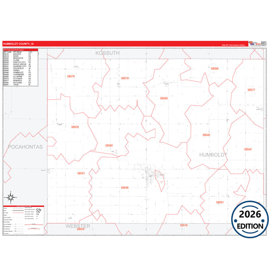 Humboldt County, IA Red Line 5 Digit ZIP Code Wall Map