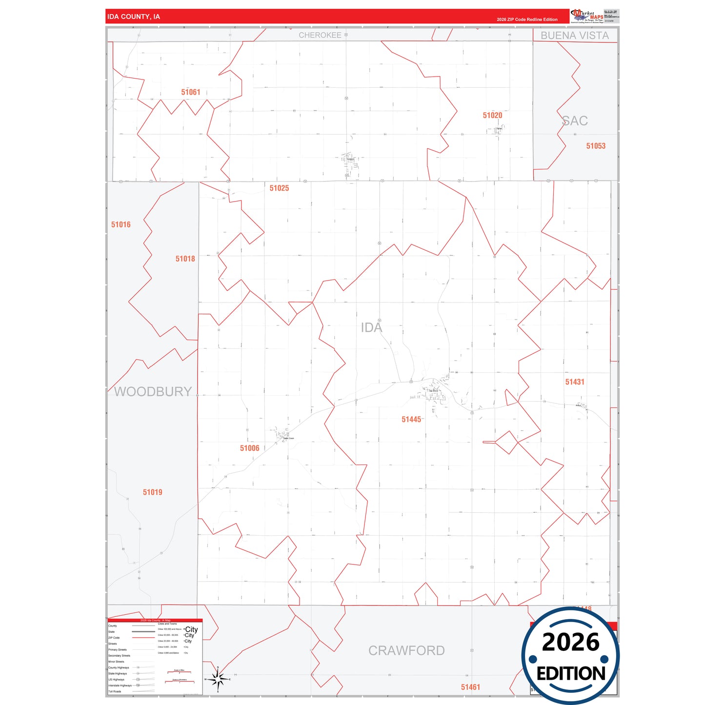 Ida County, IA Red Line 5 Digit ZIP Code Wall Map