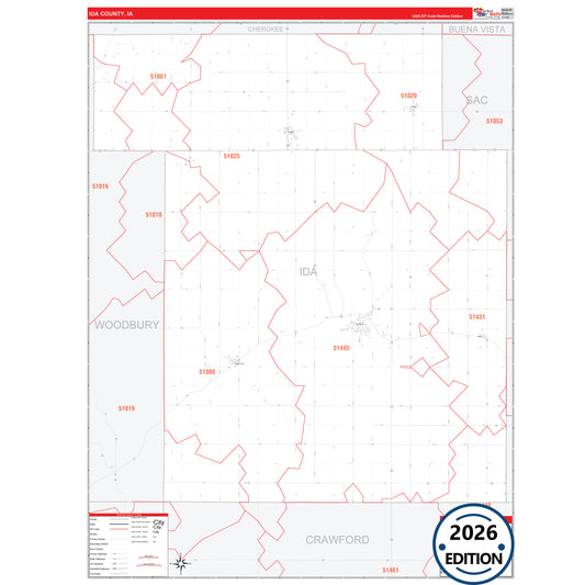 Ida County, IA Red Line 5 Digit ZIP Code Wall Map
