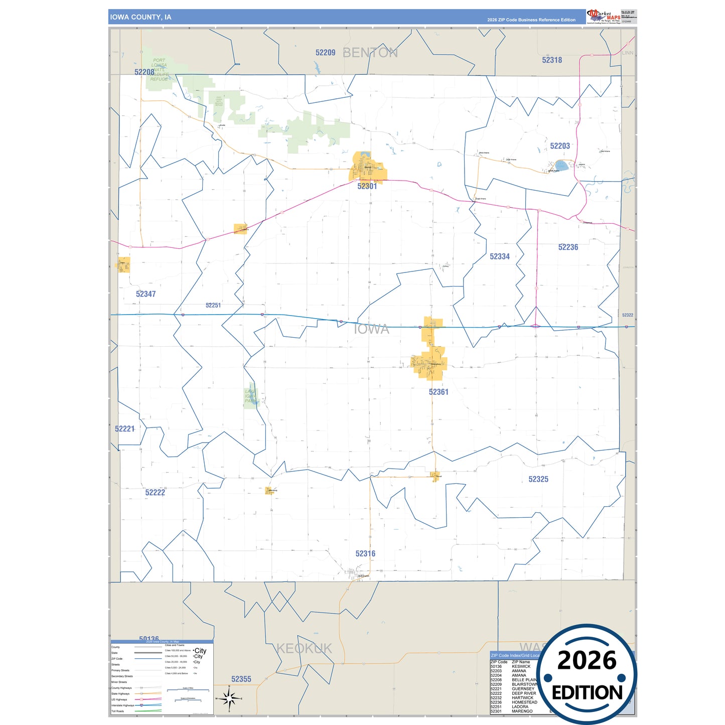Iowa County, IA Business Reference 5 Digit ZIP Code Wall Map