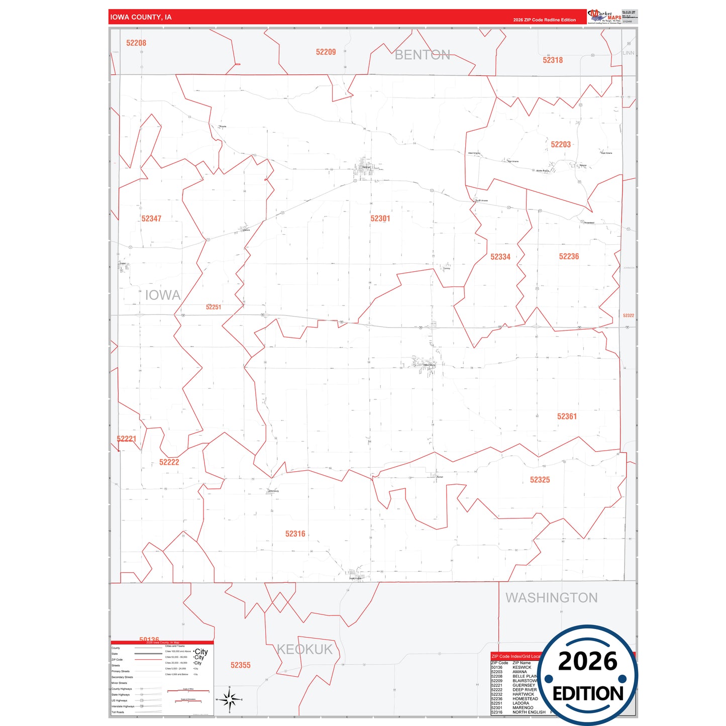 Iowa County, IA Red Line 5 Digit ZIP Code Wall Map