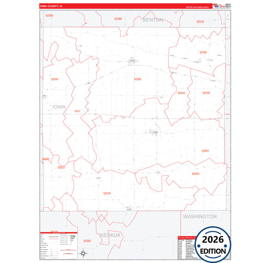 Iowa County, IA Red Line 5 Digit ZIP Code Wall Map