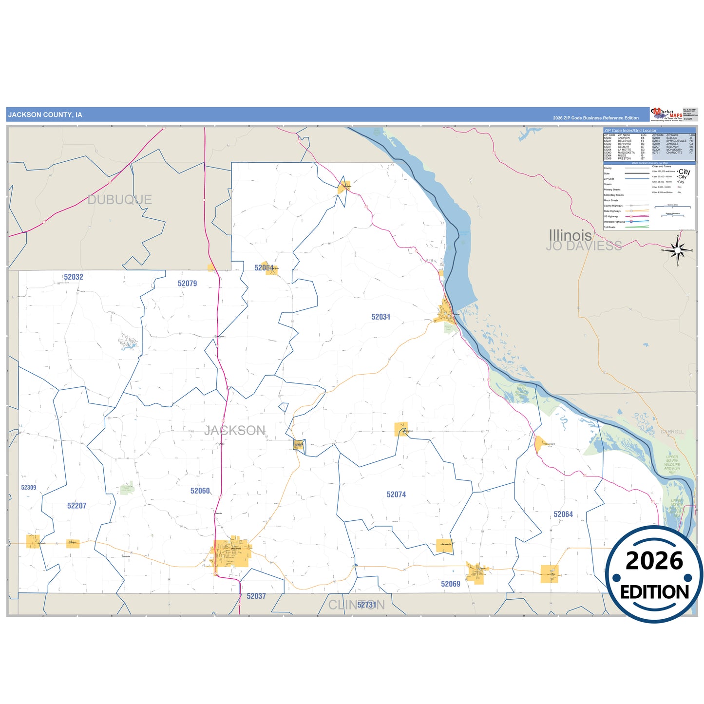 Jackson County, IA Business Reference 5 Digit ZIP Code Wall Map