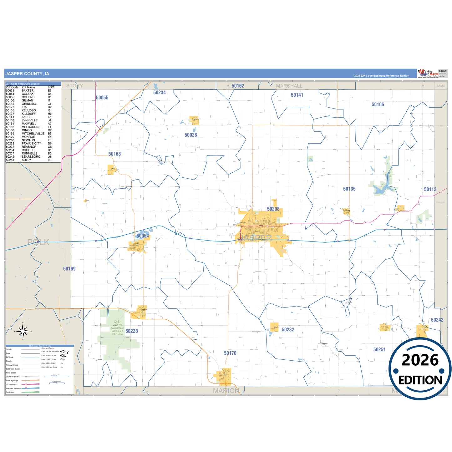 Jasper County, IA Business Reference 5 Digit ZIP Code Wall Map
