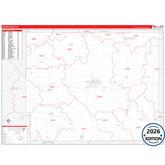 Jasper County, IA Red Line 5 Digit ZIP Code Wall Map