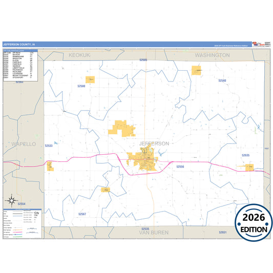 Jefferson County, IA Business Reference 5 Digit ZIP Code Wall Map