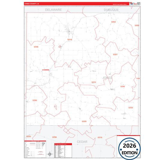 Jones County, IA Red Line 5 Digit ZIP Code Wall Map