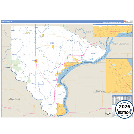 Lee County, IA Business Reference 5 Digit ZIP Code Wall Map