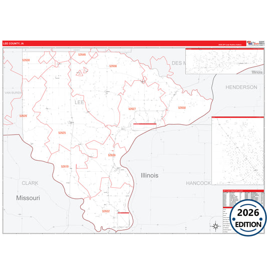 Lee County, IA Red Line 5 Digit ZIP Code Wall Map