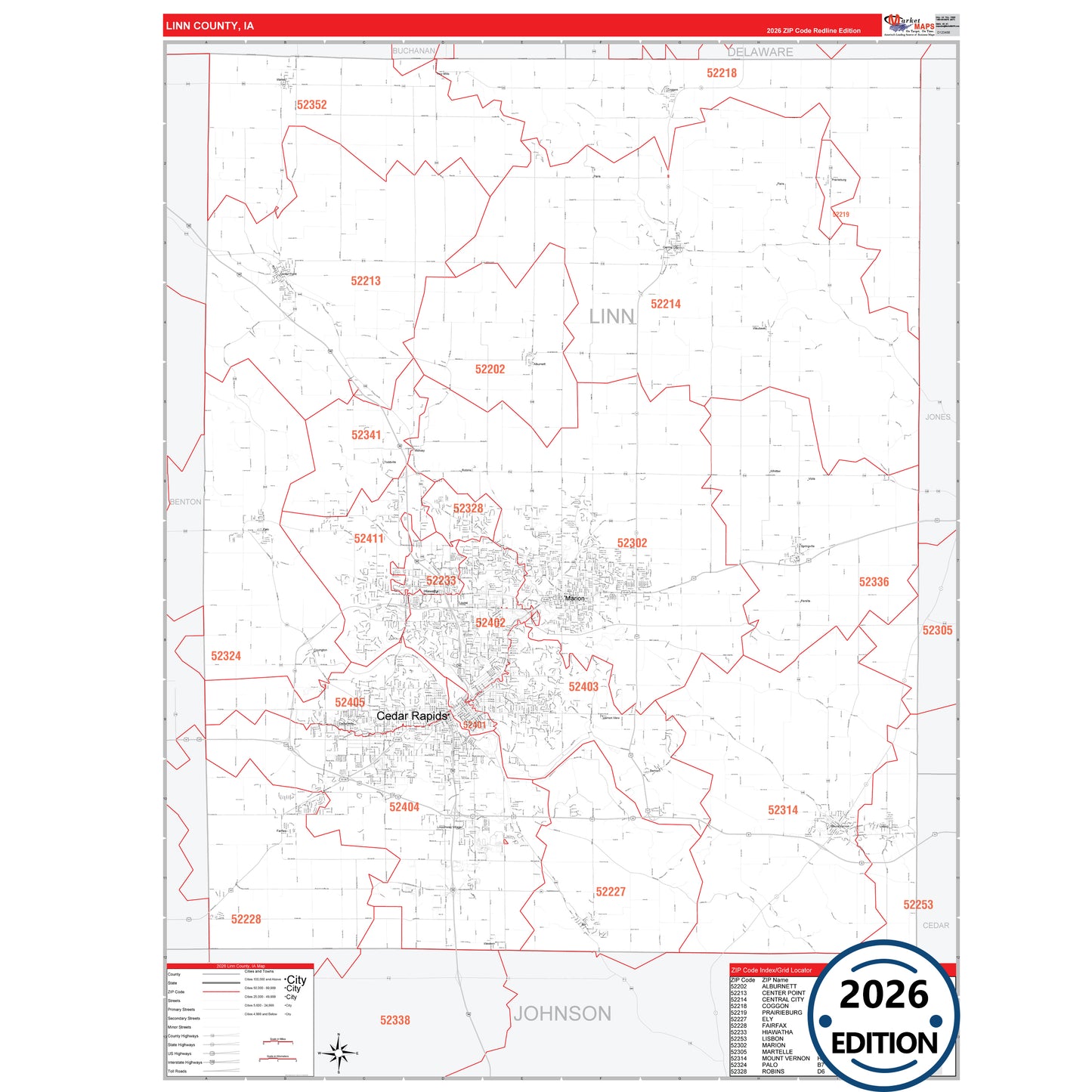 Linn County, IA Red Line 5 Digit ZIP Code Wall Map