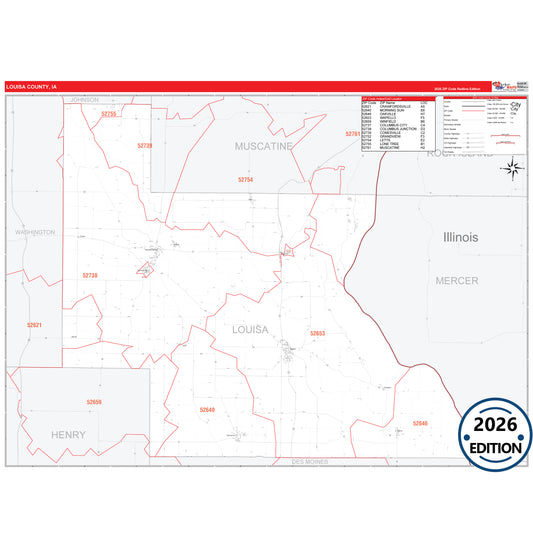 Louisa County, IA Red Line 5 Digit ZIP Code Wall Map