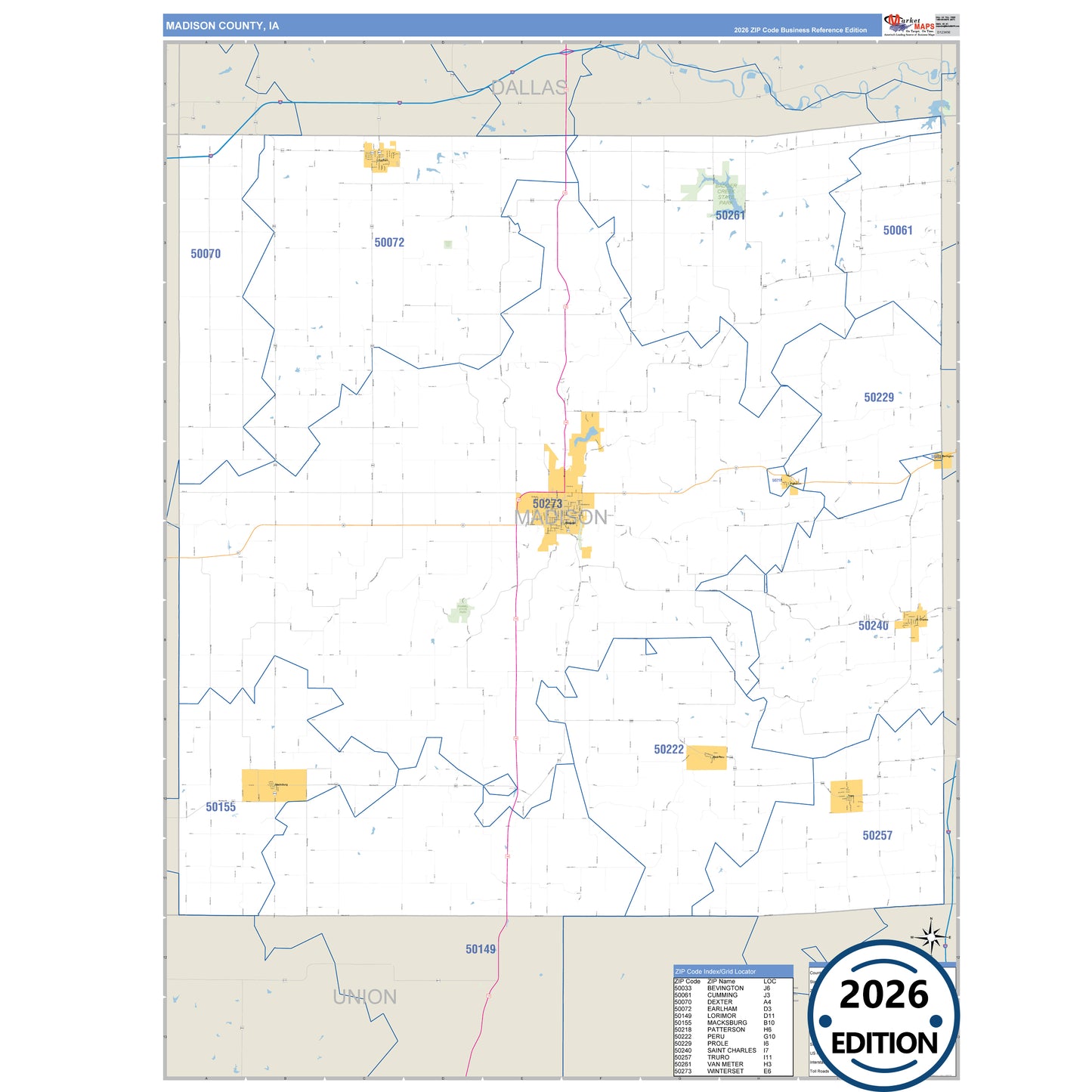 Madison County, IA Business Reference 5 Digit ZIP Code Wall Map