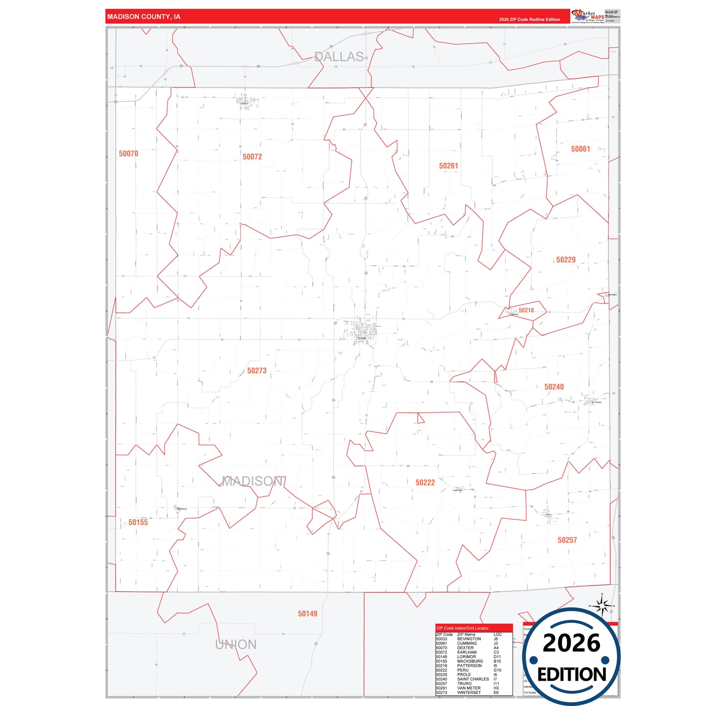 Madison County, IA Red Line 5 Digit ZIP Code Wall Map