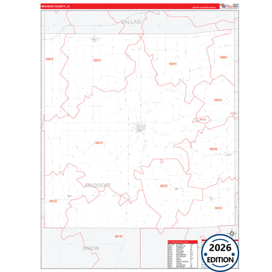 Madison County, IA Red Line 5 Digit ZIP Code Wall Map