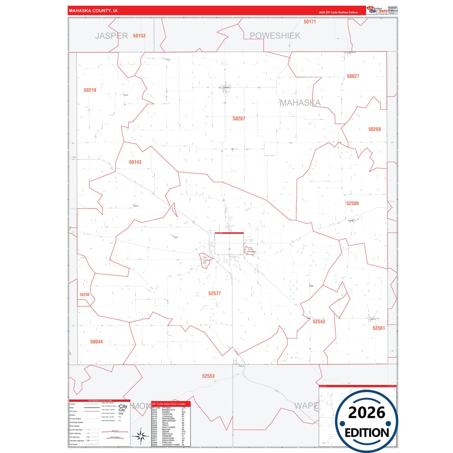 Mahaska County, IA Red Line 5 Digit ZIP Code Wall Map