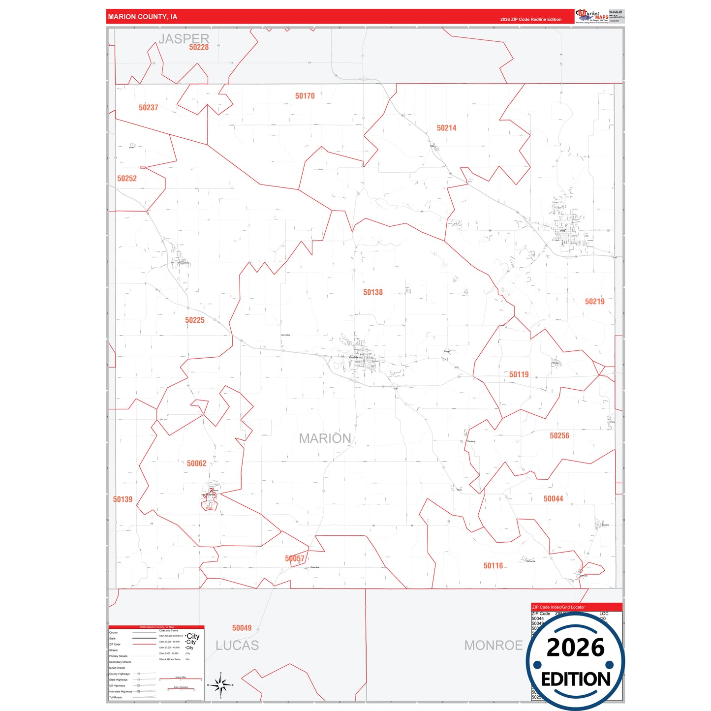 Marion County, IA Red Line 5 Digit ZIP Code Wall Map