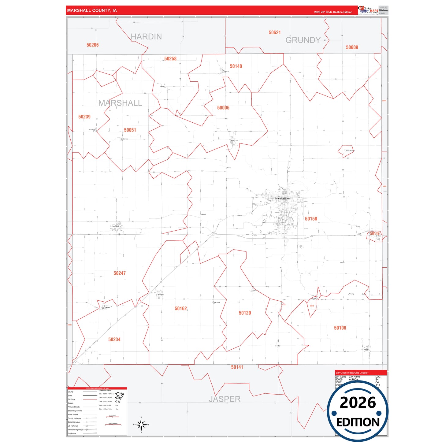 Marshall County, IA Red Line 5 Digit ZIP Code Wall Map
