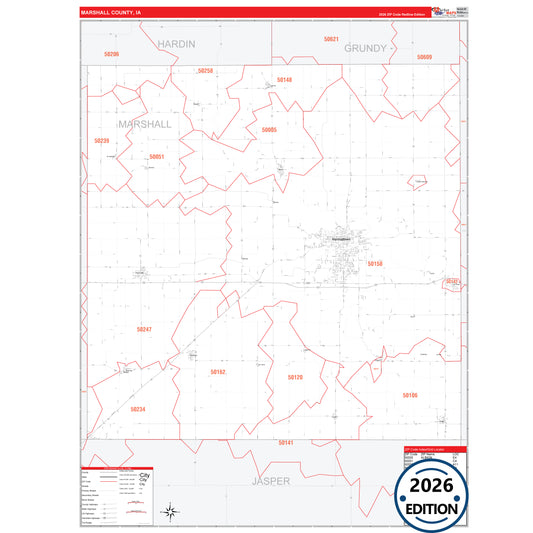 Marshall County, IA Red Line 5 Digit ZIP Code Wall Map
