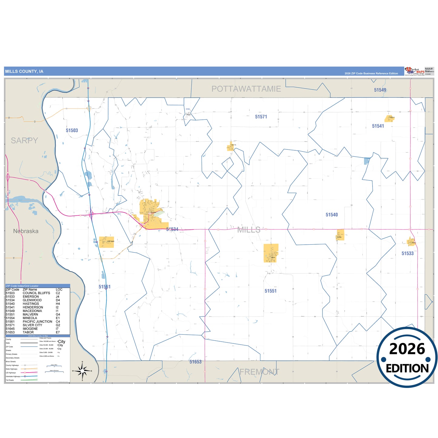 Mills County, IA Business Reference 5 Digit ZIP Code Wall Map